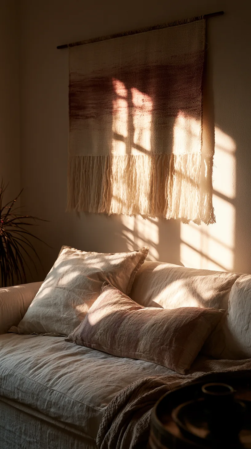 large woven tapestry hanging behind a living room sofa, photo 1 of 3
