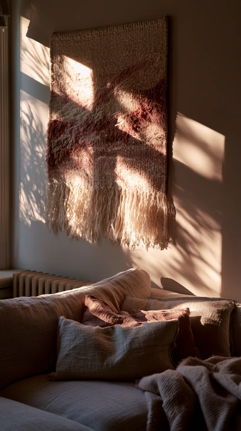 large woven tapestry hanging behind a living room sofa, photo 2 of 3