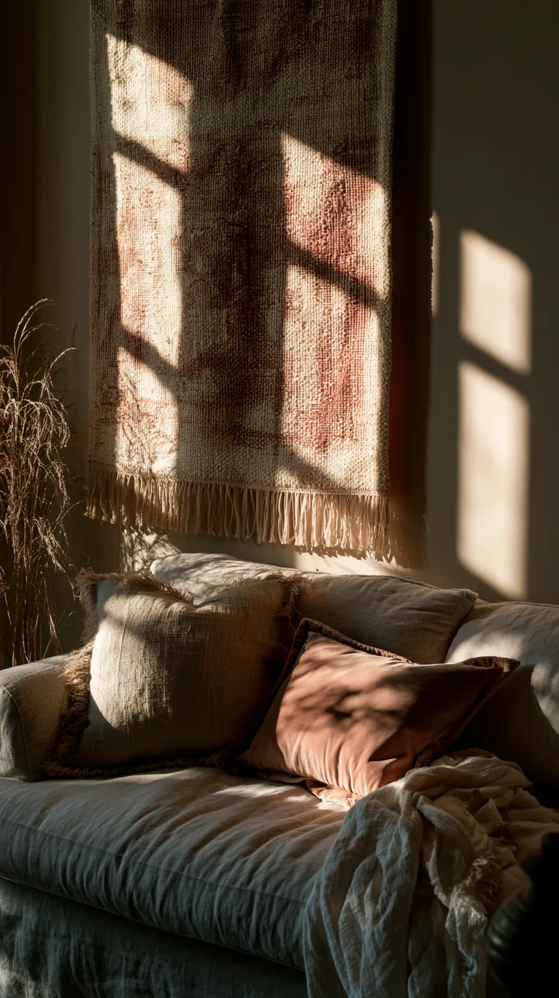 large woven tapestry hanging behind a living room sofa, photo 3 of 3