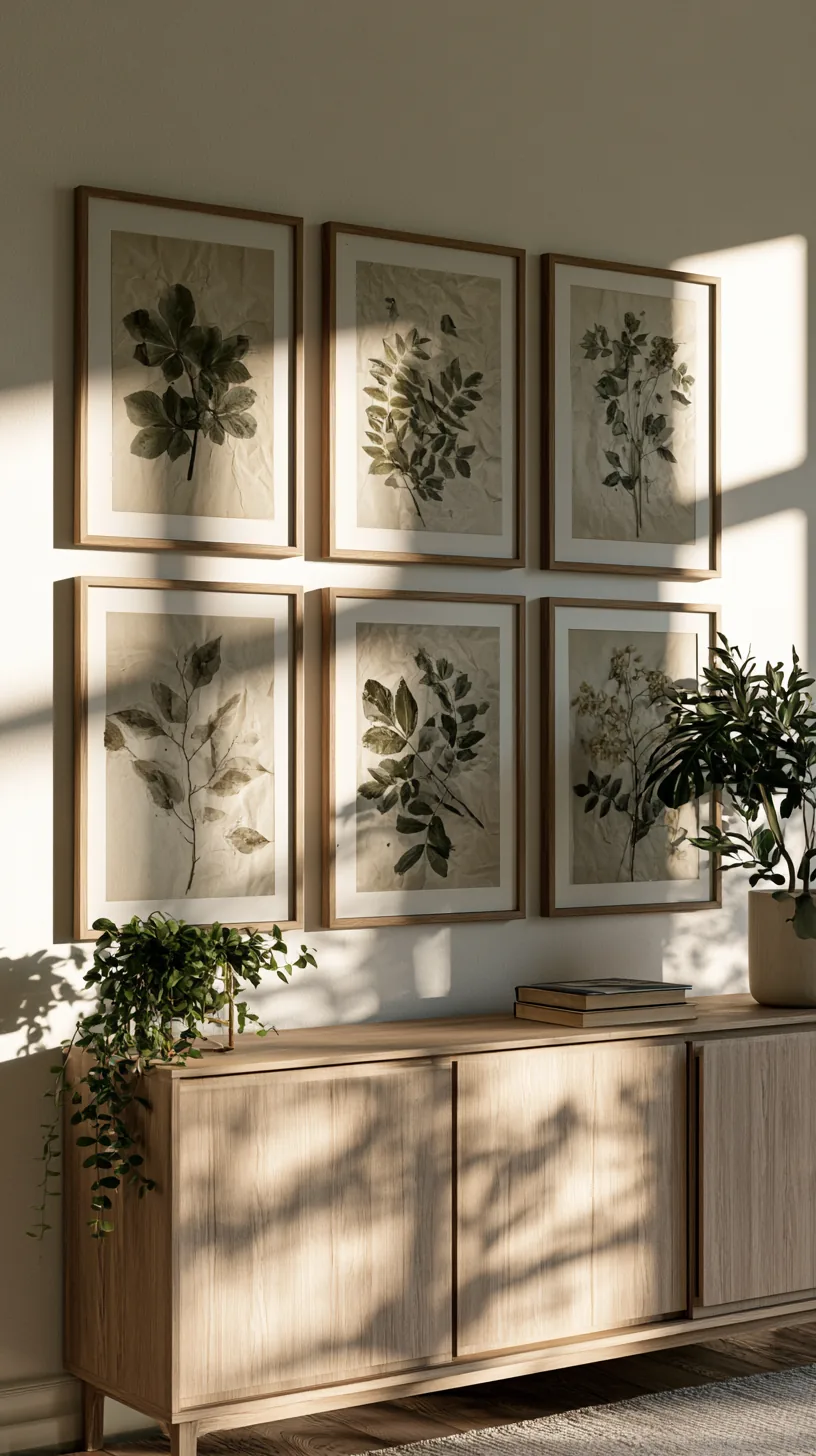 framed botanical prints in a row on a living room wall, photo 1 of 4
