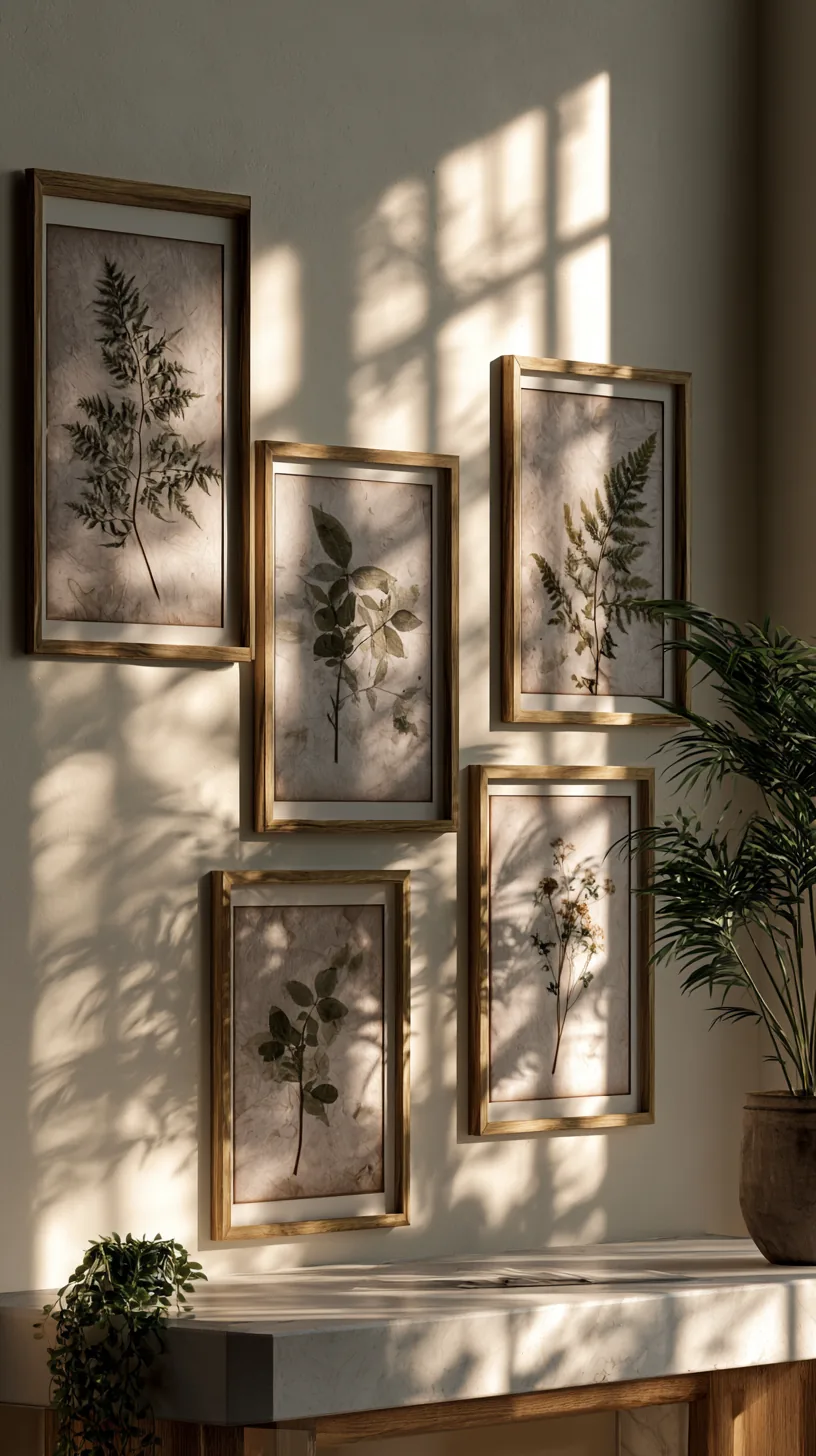 framed botanical prints in a row on a living room wall, photo 2 of 4