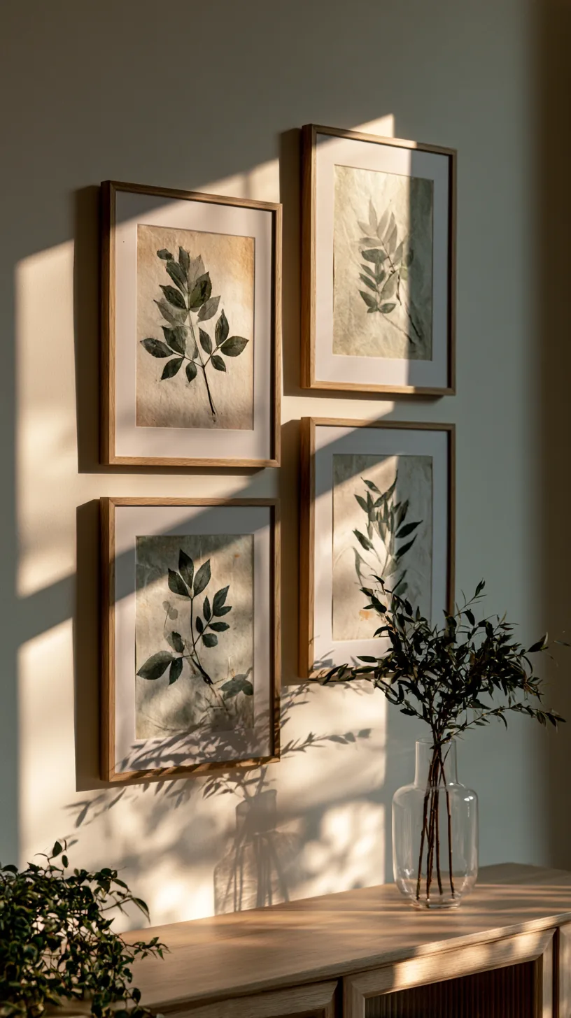 framed botanical prints in a row on a living room wall, photo 3 of 4