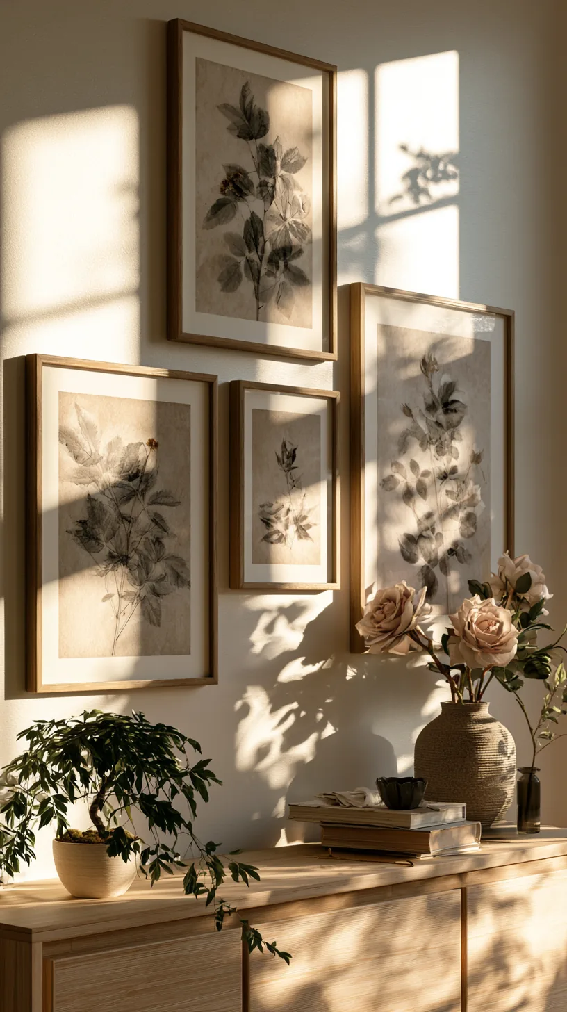 framed botanical prints in a row on a living room wall, photo 4 of 4