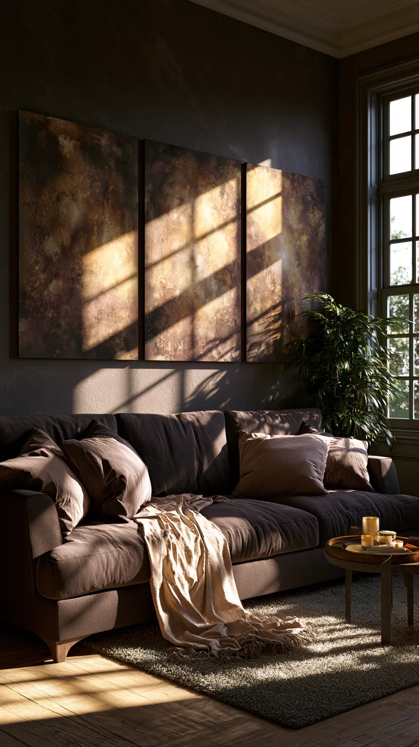 three panel abstract triptych in warm earthy tones above a living room sofa, photo 1 of 4