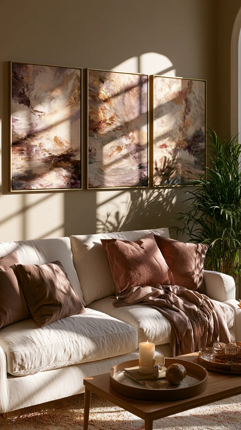 three panel abstract triptych in warm earthy tones above a living room sofa, photo 2 of 4