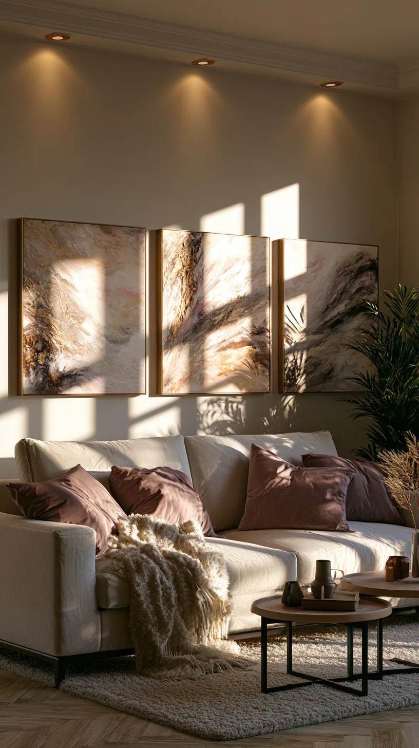 three panel abstract triptych in warm earthy tones above a living room sofa, photo 3 of 4