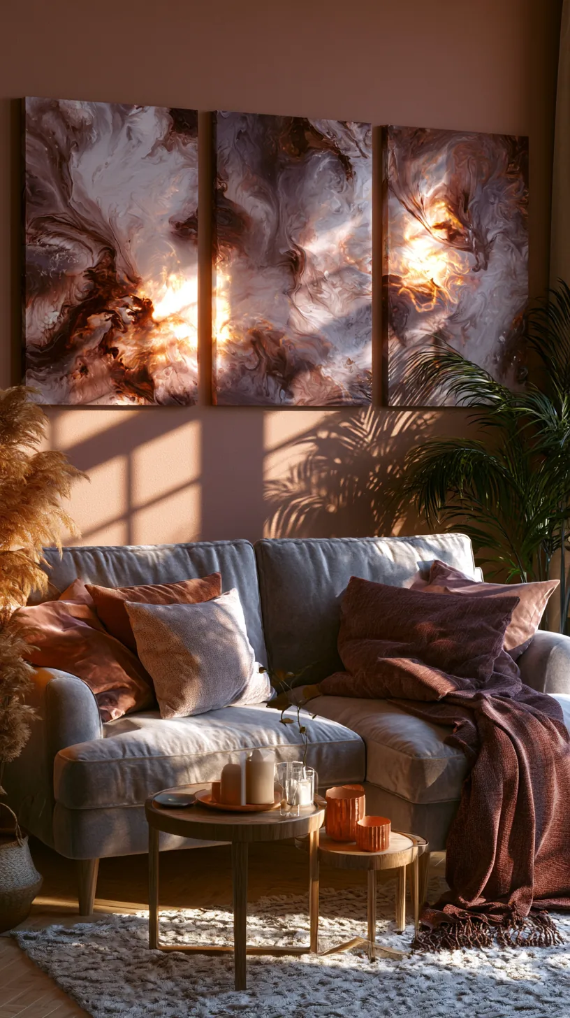 three panel abstract triptych in warm earthy tones above a living room sofa, photo 4 of 4