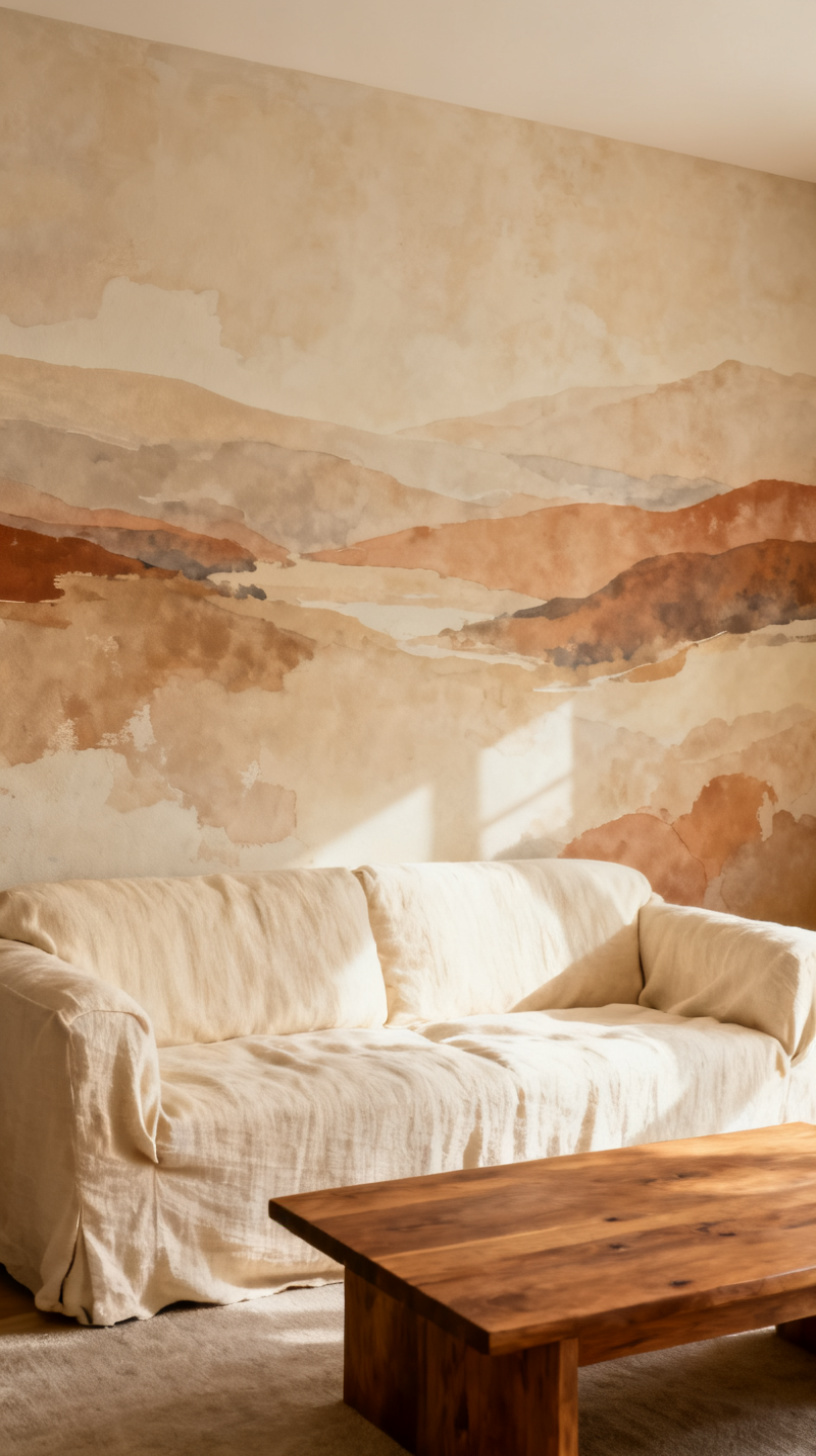 peel and stick wall mural behind a sofa in a neutral living room, photo 1 of 3