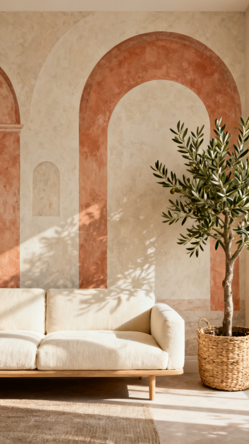 peel and stick wall mural behind a sofa in a neutral living room, photo 2 of 3