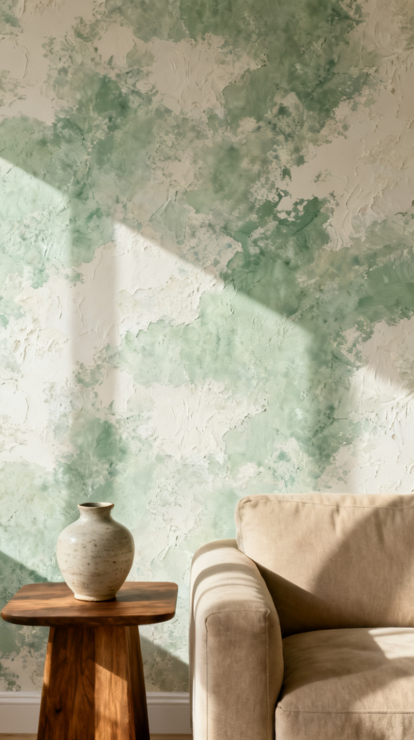 peel and stick wall mural behind a sofa in a neutral living room, photo 3 of 3