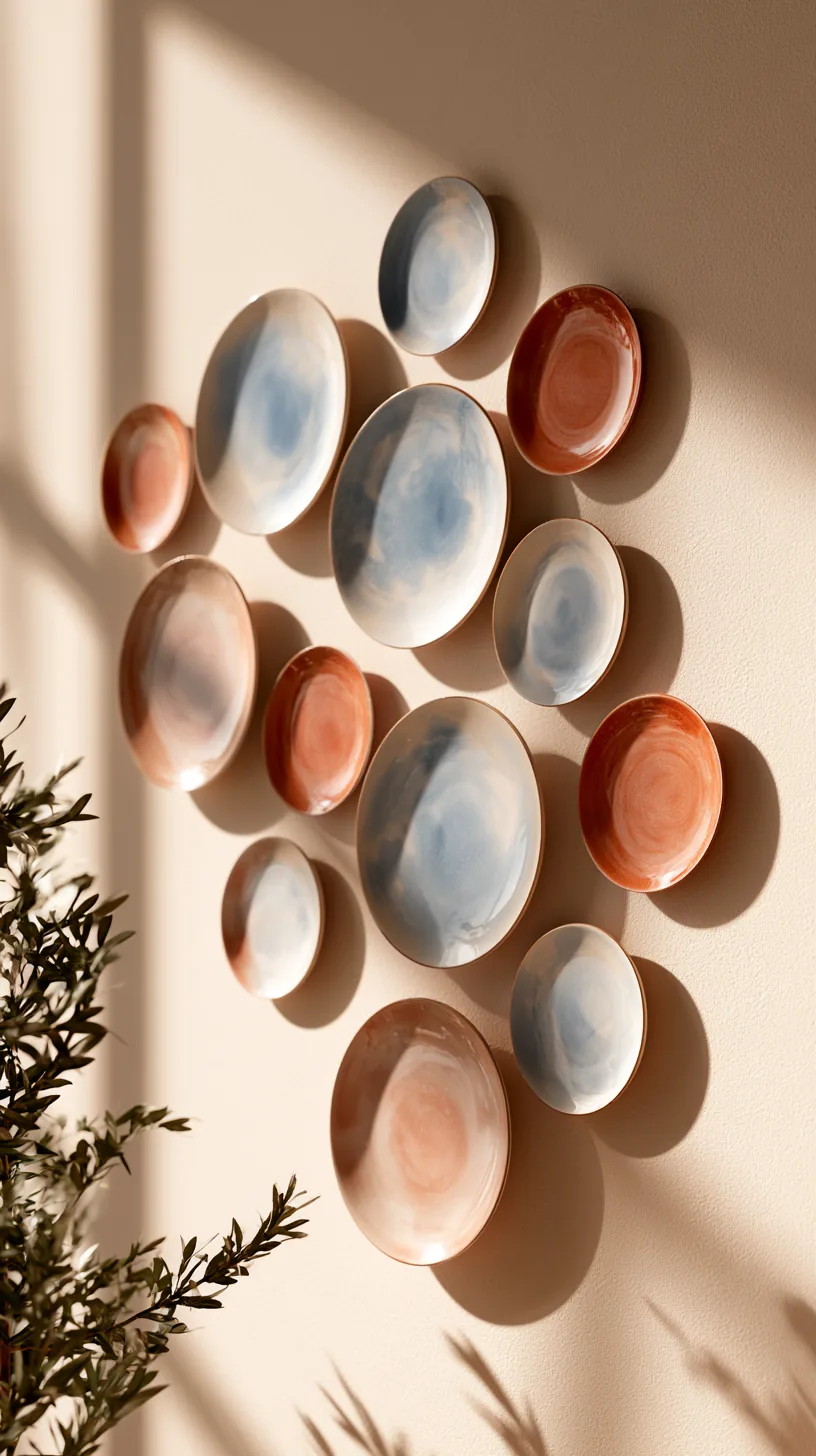 decorative wall plates grouped on a living room wall, photo 2 of 3