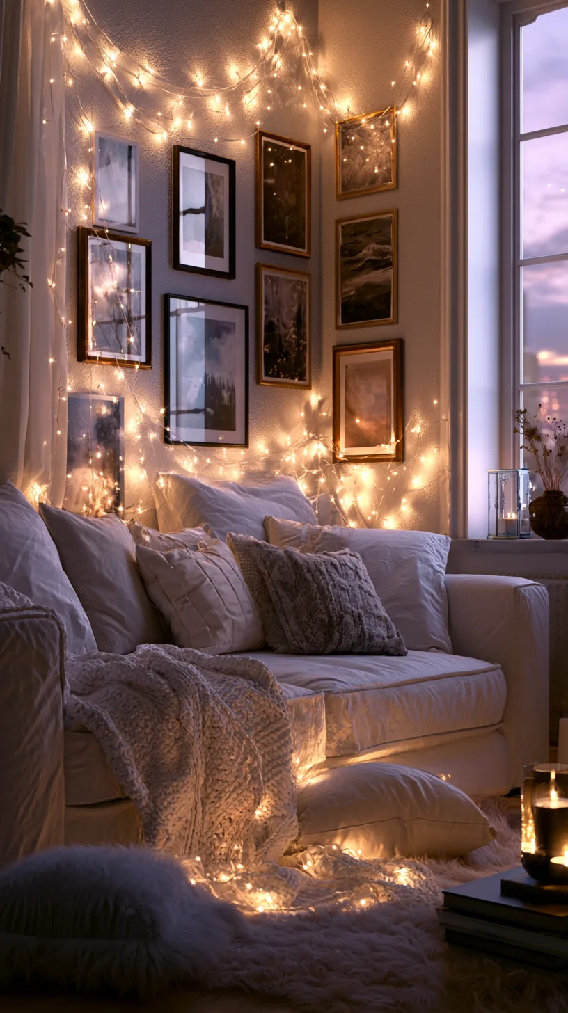 warm white string lights draped on a cozy living room wall, photo 2 of 3