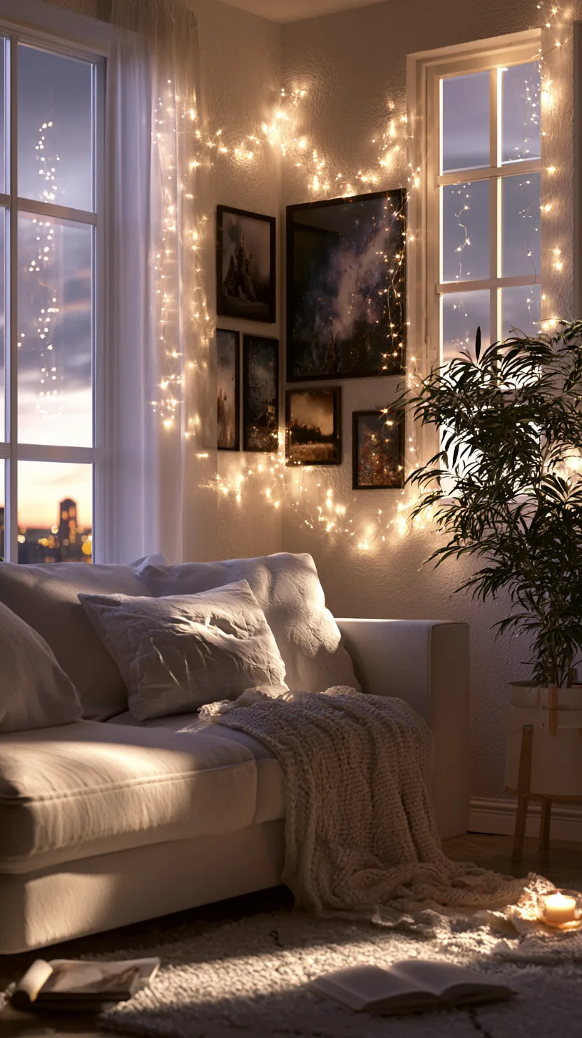 warm white string lights draped on a cozy living room wall, photo 3 of 3