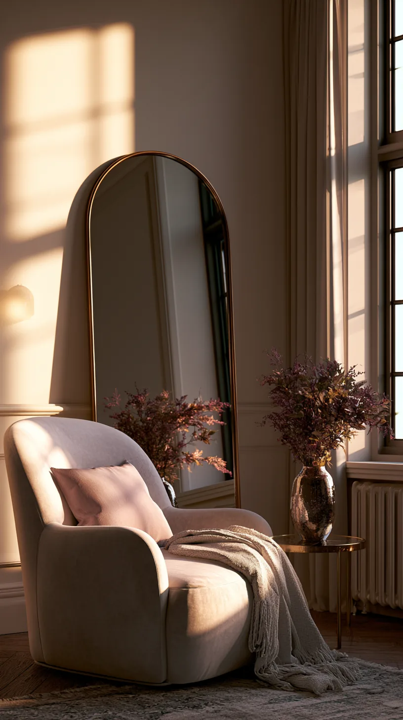 arched wall mirror leaning in a living room, photo 2 of 3