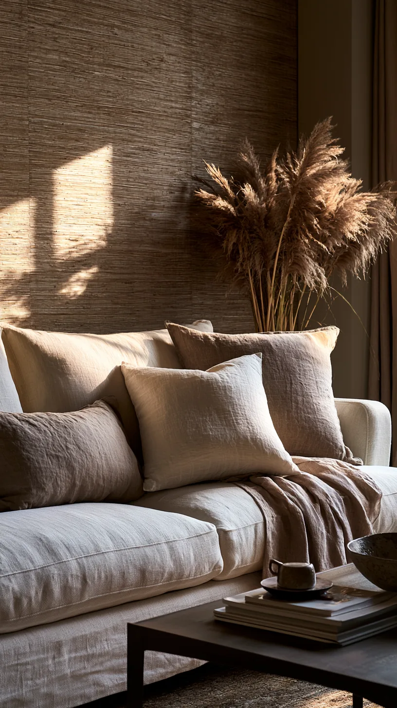 grasscloth textured wall panel behind a living room sofa, photo 1 of 3
