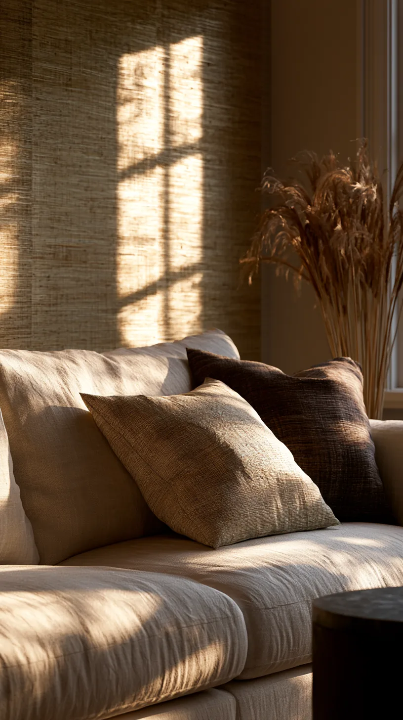 grasscloth textured wall panel behind a living room sofa, photo 3 of 3