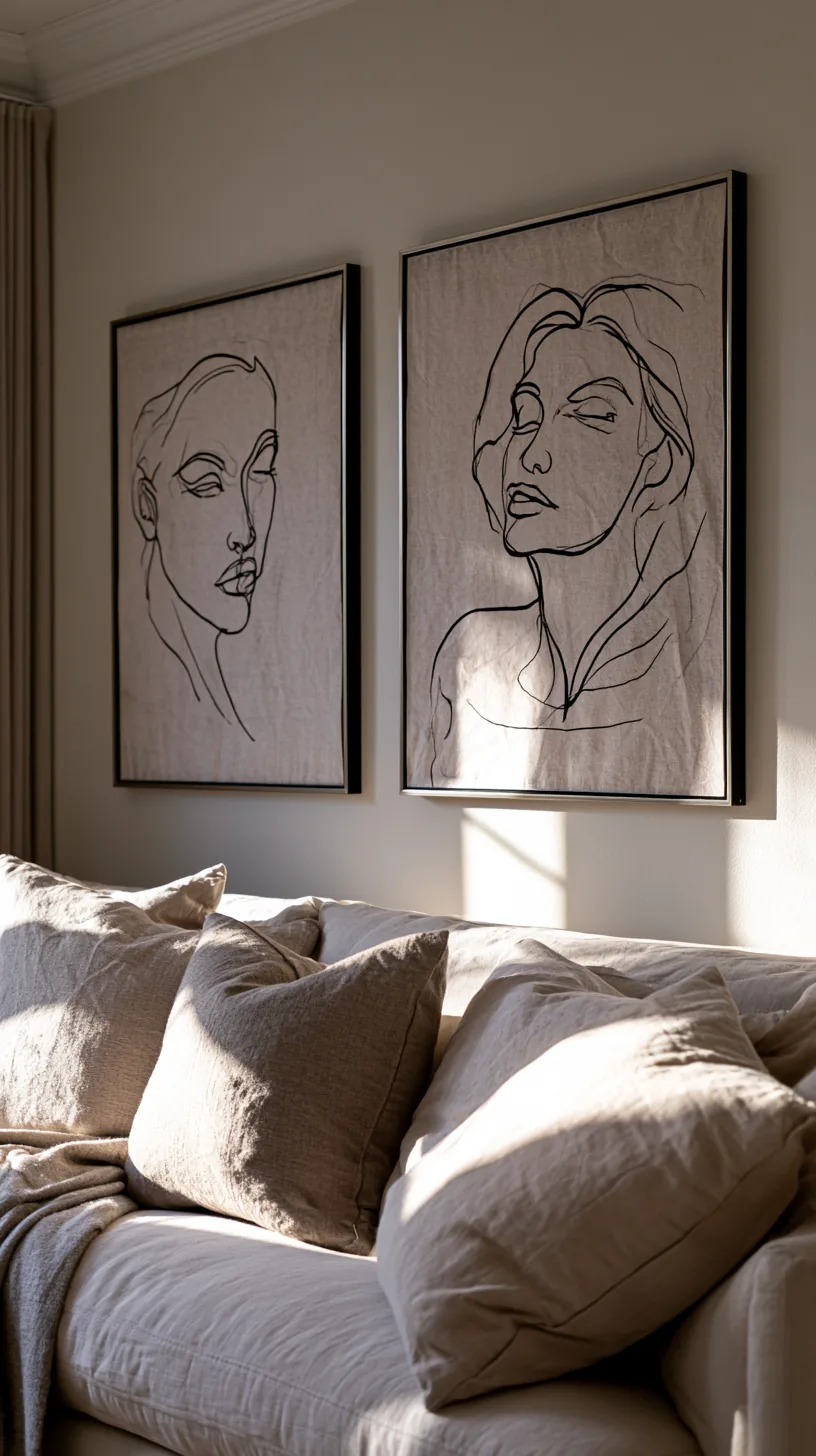 two minimalist line art portrait prints in thin black frames above a linen sofa, photo 1 of 4