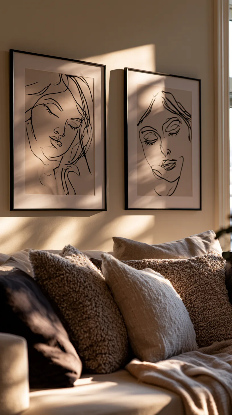 two minimalist line art portrait prints in thin black frames above a linen sofa, photo 2 of 4
