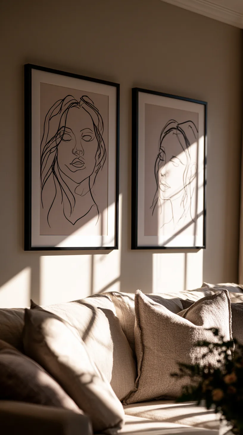 two minimalist line art portrait prints in thin black frames above a linen sofa, photo 3 of 4