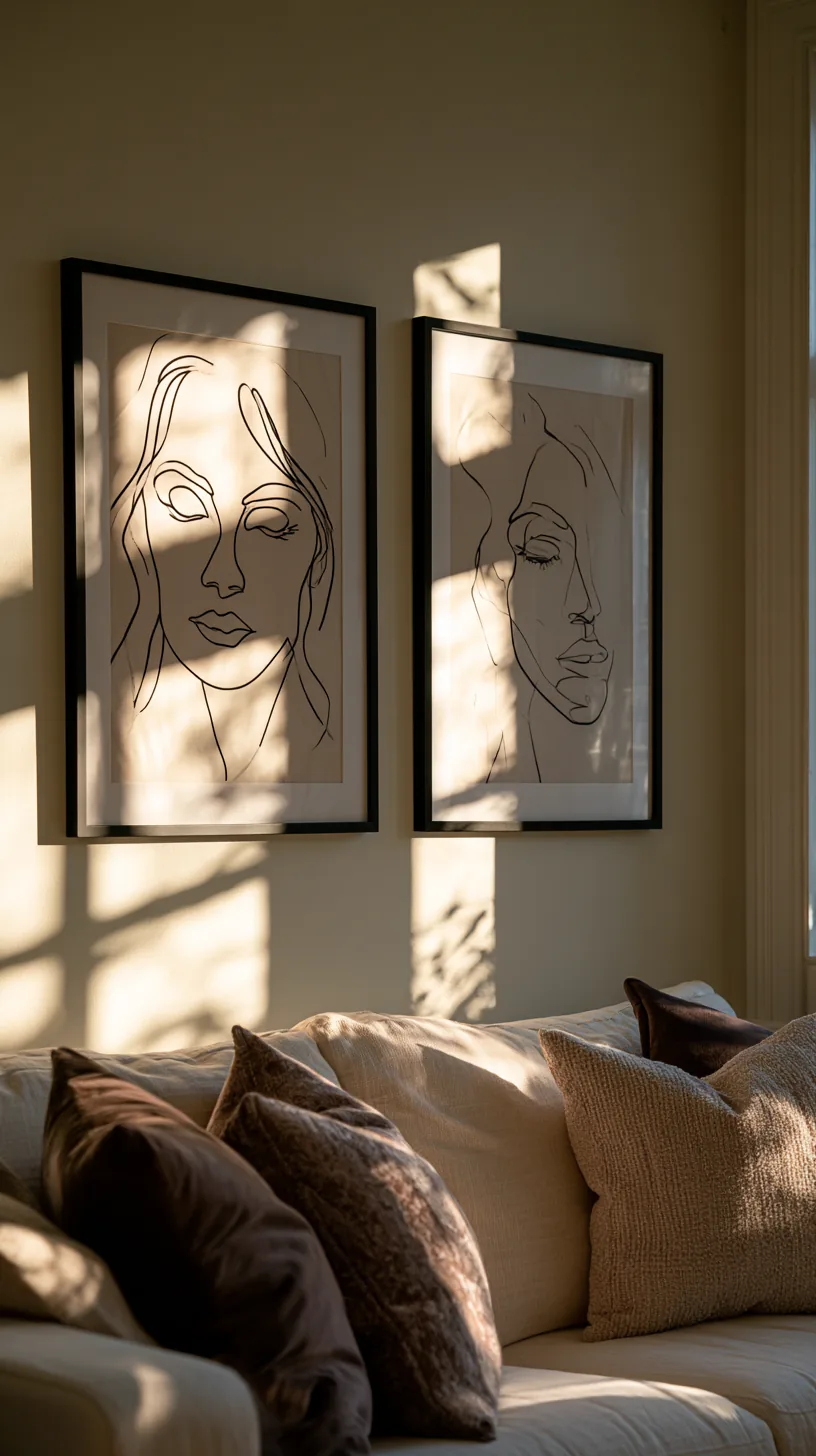 two minimalist line art portrait prints in thin black frames above a linen sofa, photo 4 of 4