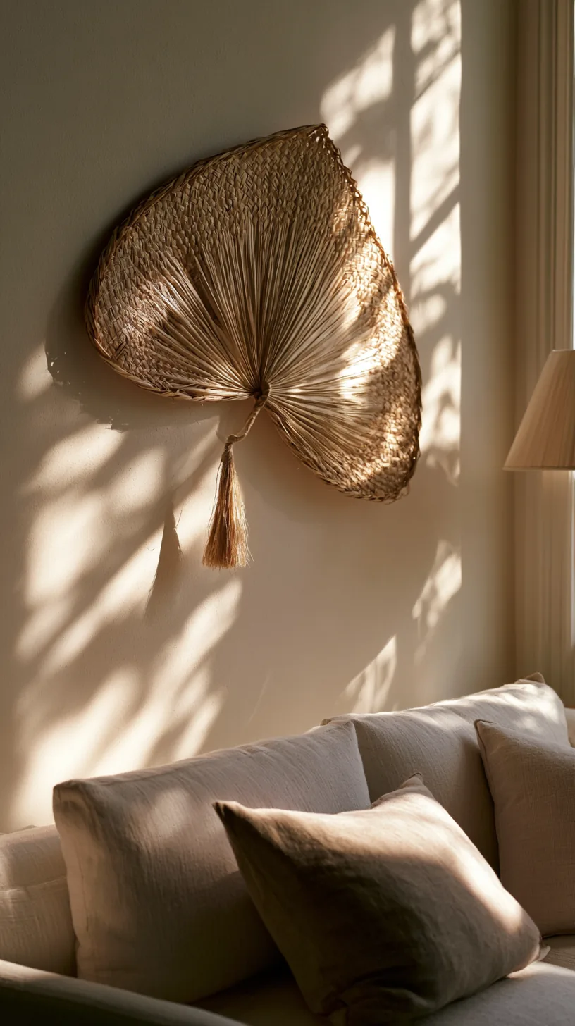 sculptural woven wall fan on a living room wall, photo 1 of 4