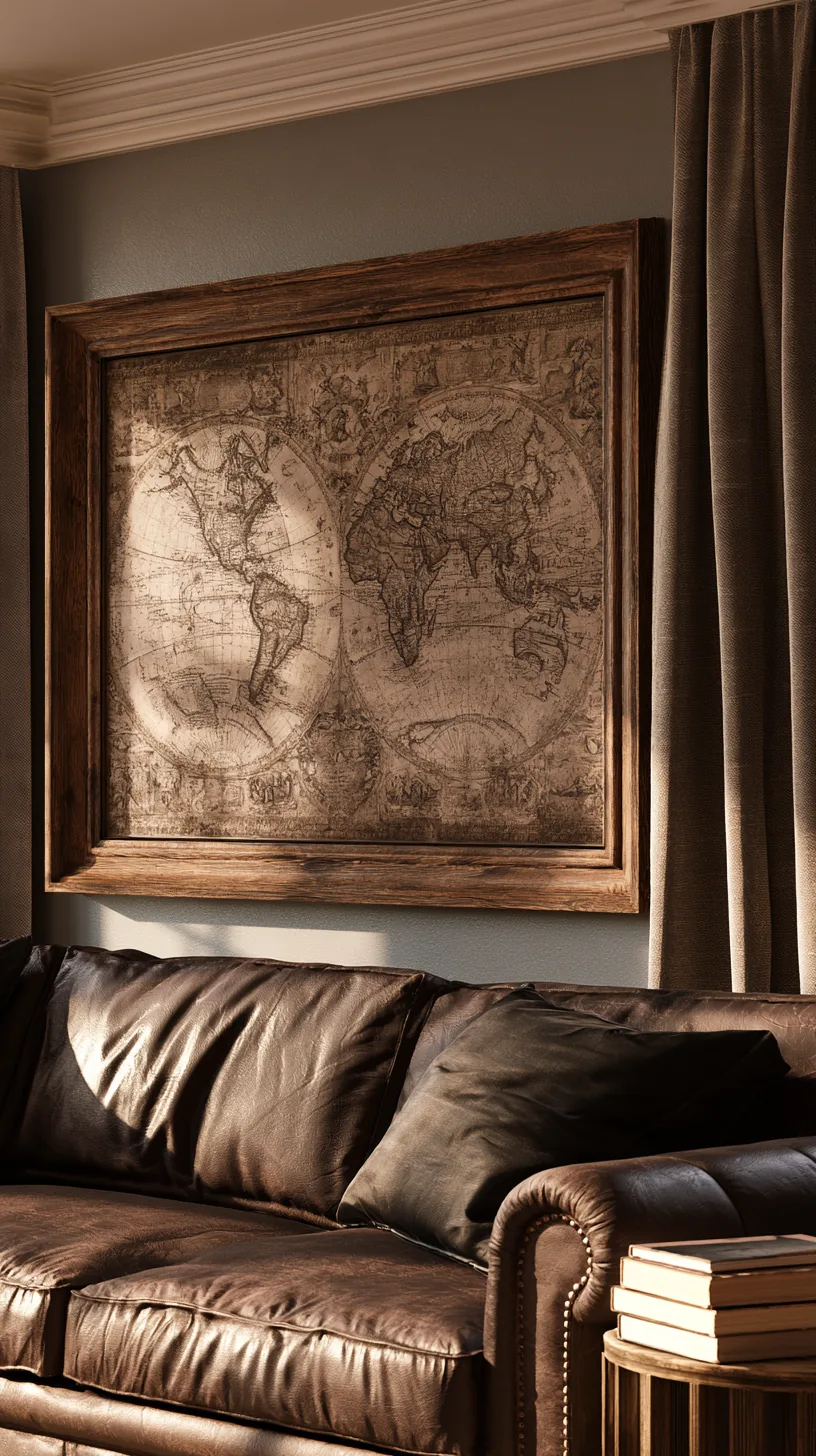large framed vintage world map on a living room wall, photo 1 of 2