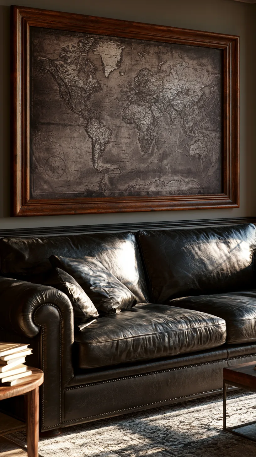 large framed vintage world map on a living room wall, photo 2 of 2