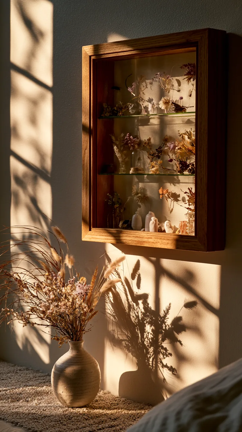 shadow box memory display on a living room wall, photo 1 of 3