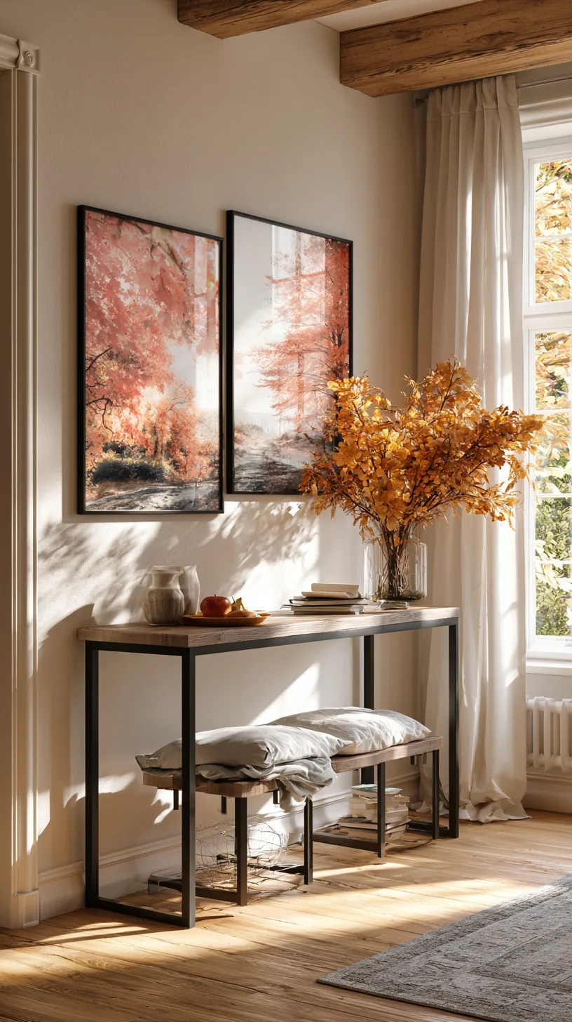 seasonal wall vignette with a small framed print and garland in a living room, photo 1 of 3