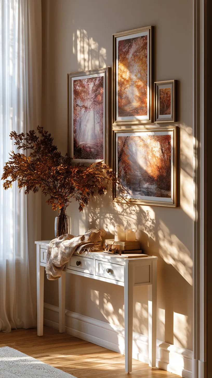 seasonal wall vignette with a small framed print and garland in a living room, photo 2 of 3