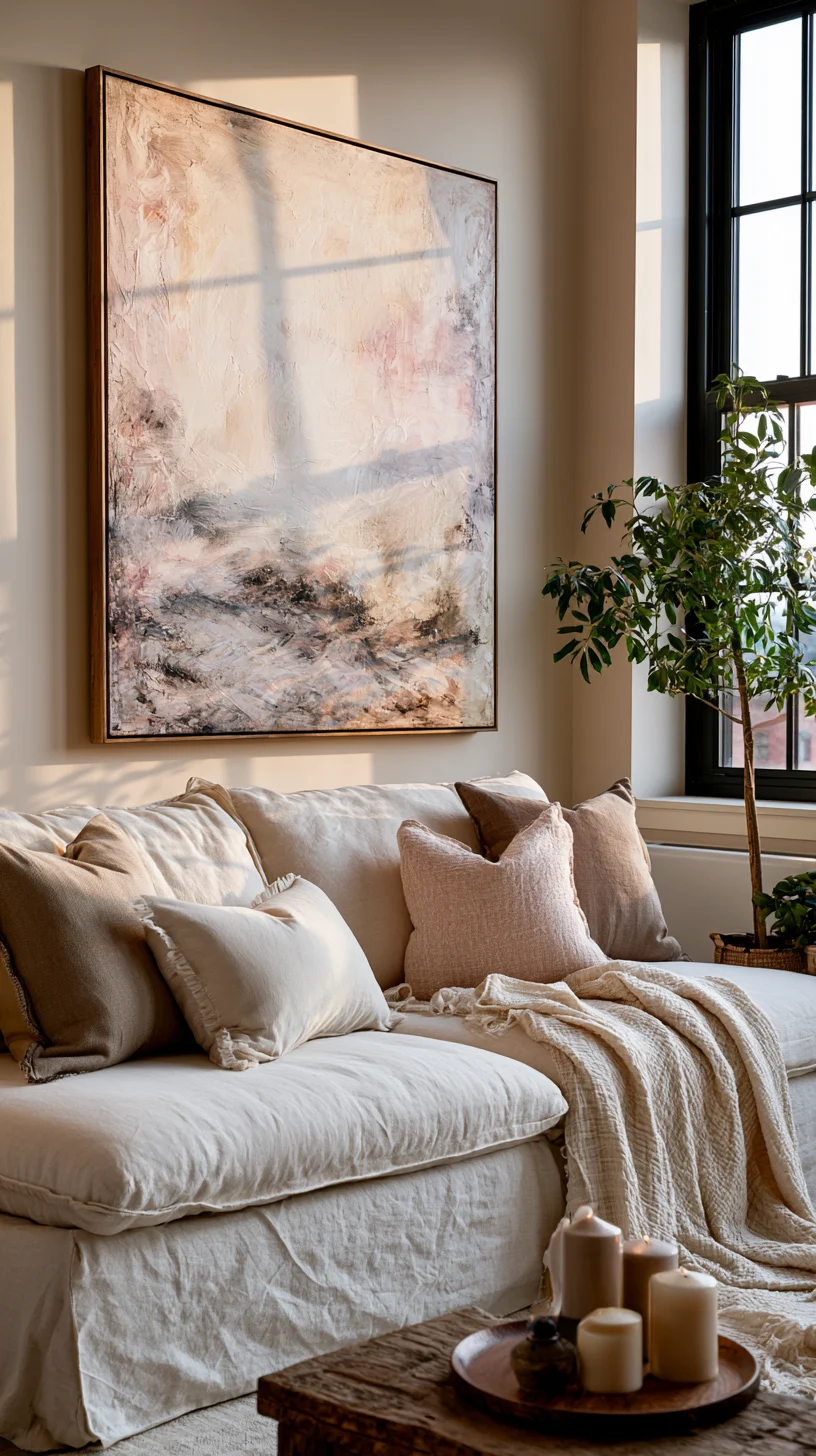 A single oversized abstract canvas hanging above a modern living room sofa, photo 1 of 4