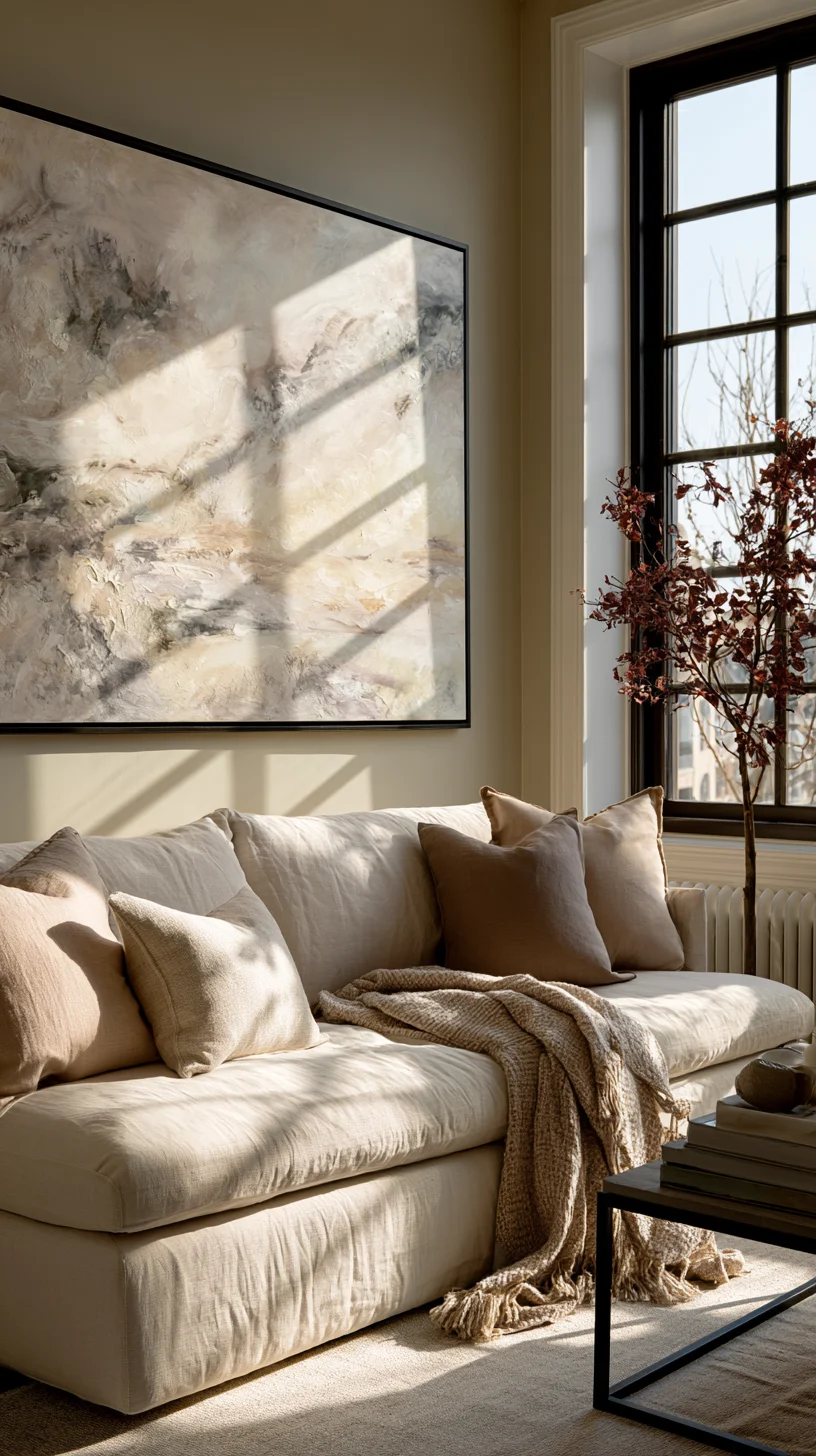 A single oversized abstract canvas hanging above a modern living room sofa, photo 2 of 4