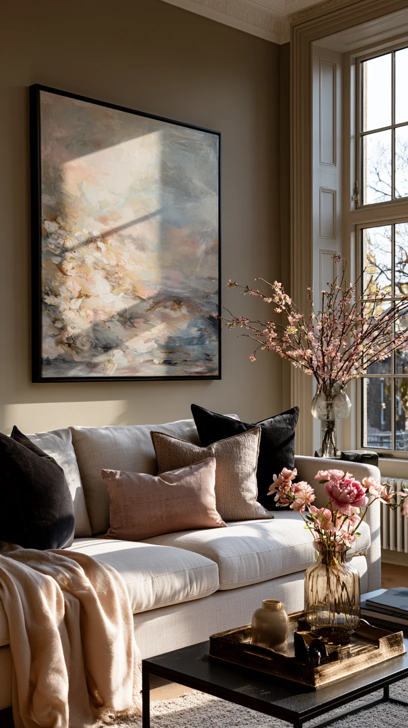 A single oversized abstract canvas hanging above a modern living room sofa, photo 3 of 4