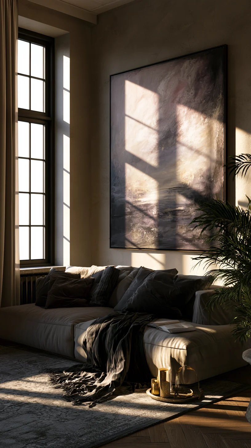 A single oversized abstract canvas hanging above a modern living room sofa, photo 4 of 4