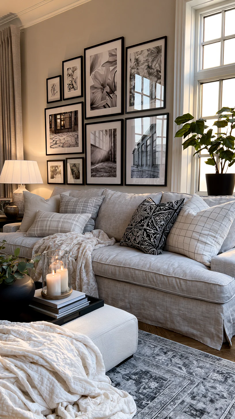A large modern gallery wall of mixed frames spanning a living room wall, photo 1 of 4