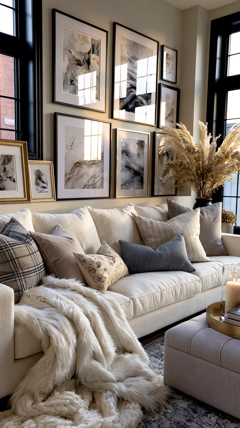 A large modern gallery wall of mixed frames spanning a living room wall, photo 2 of 4
