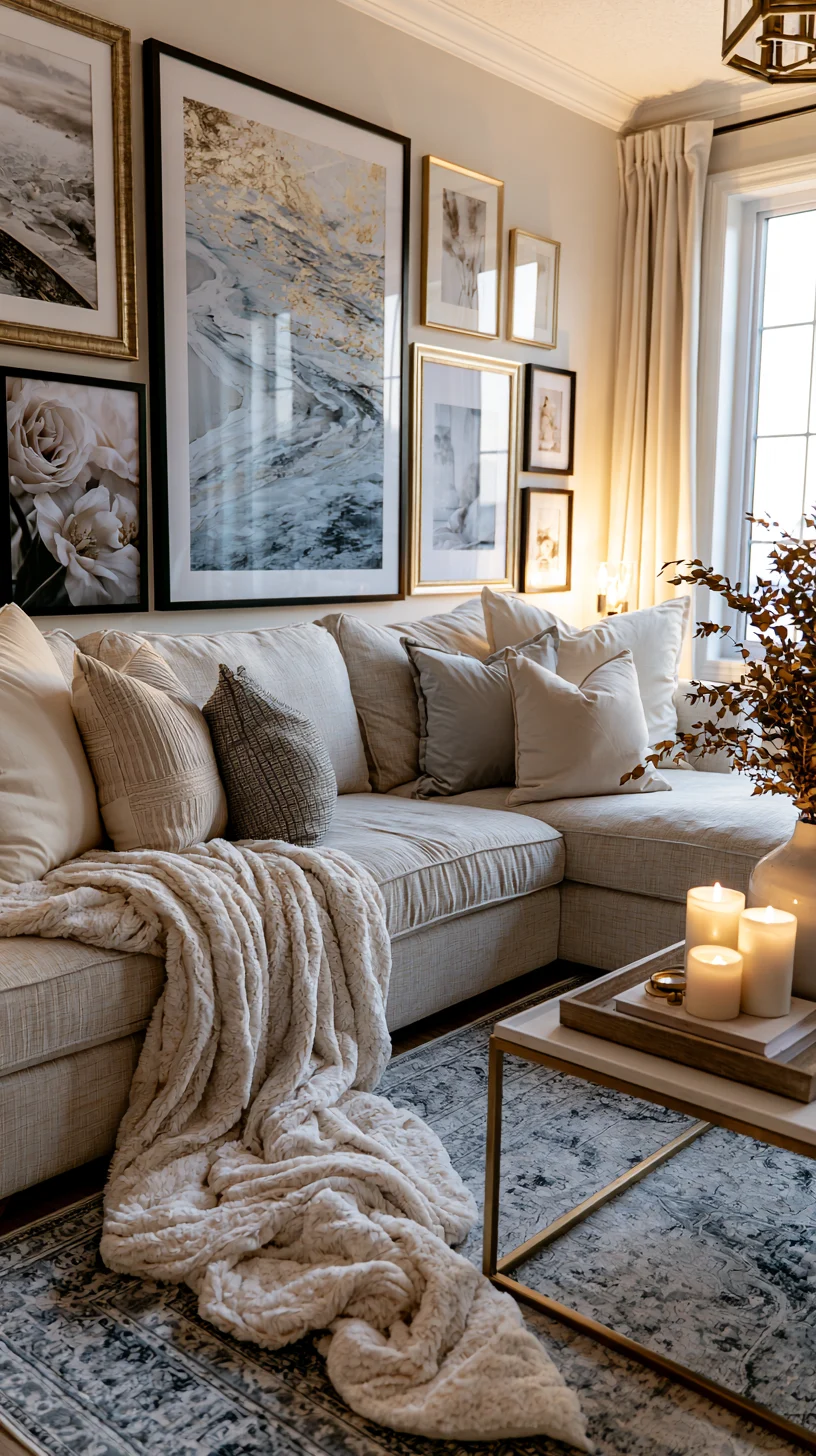A large modern gallery wall of mixed frames spanning a living room wall, photo 3 of 4