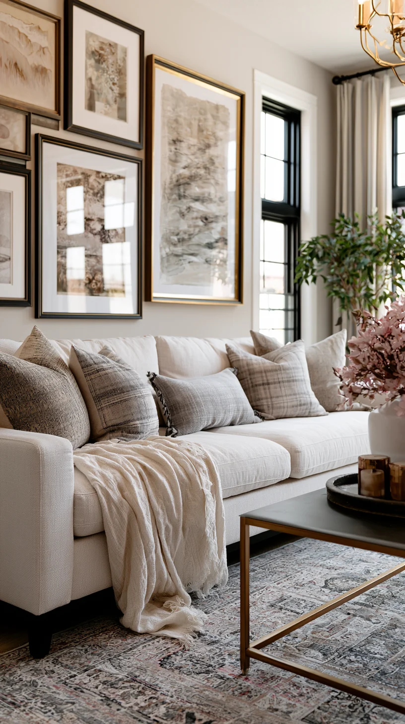 A large modern gallery wall of mixed frames spanning a living room wall, photo 4 of 4