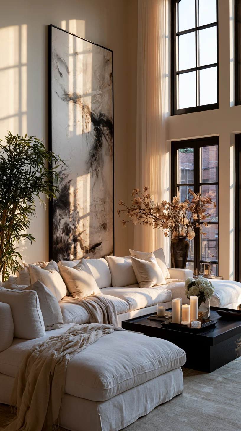 Tall vertical wall art running from floor toward the ceiling in an airy living room, photo 1 of 4