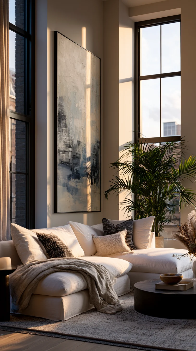 Tall vertical wall art running from floor toward the ceiling in an airy living room, photo 2 of 4