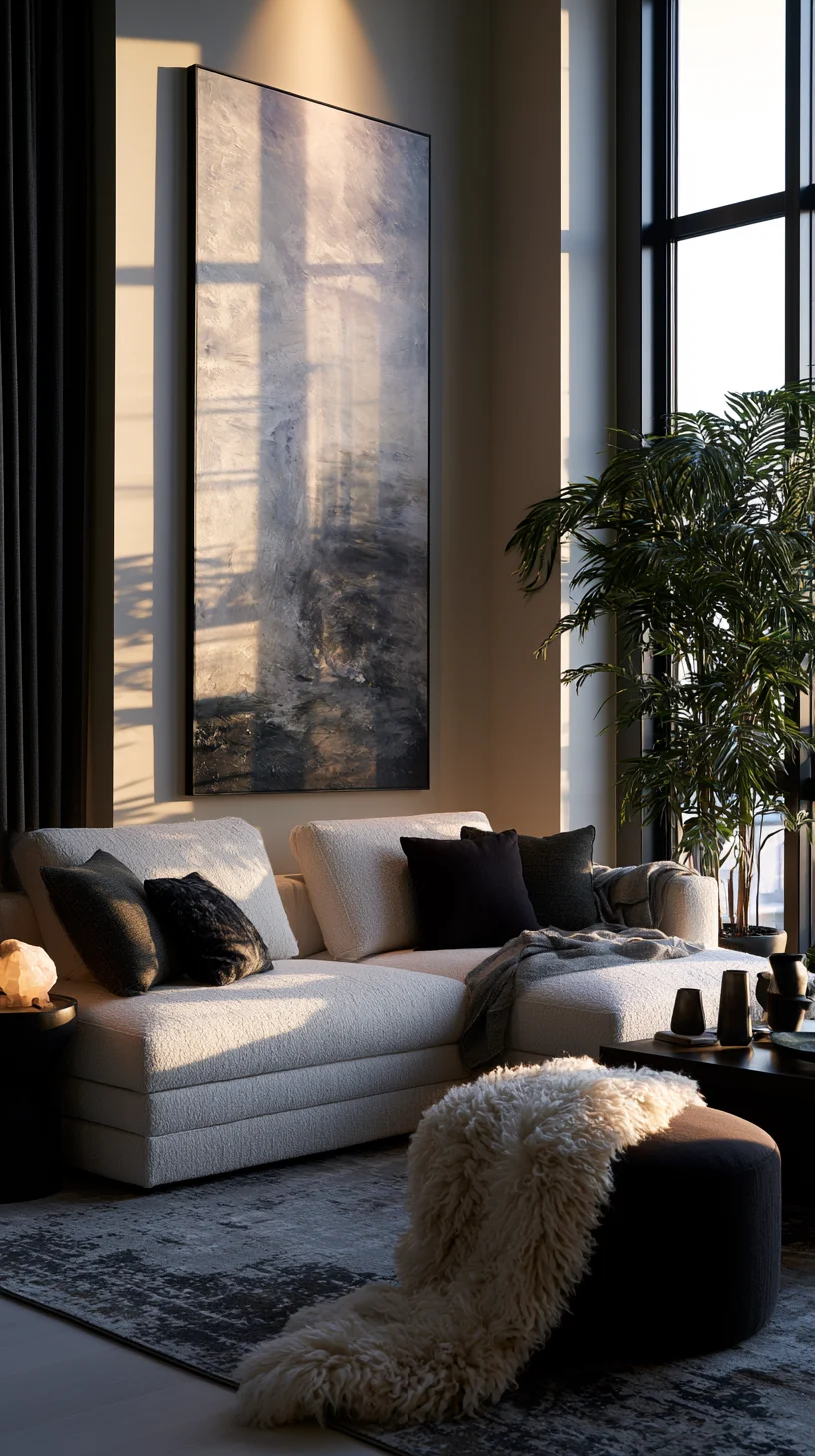 Tall vertical wall art running from floor toward the ceiling in an airy living room, photo 3 of 4