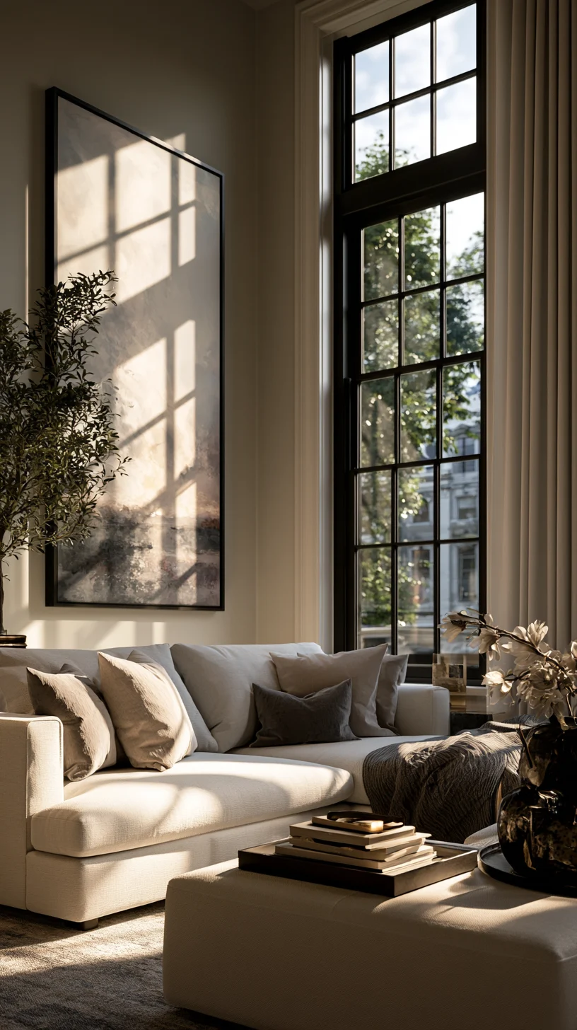 Tall vertical wall art running from floor toward the ceiling in an airy living room, photo 4 of 4