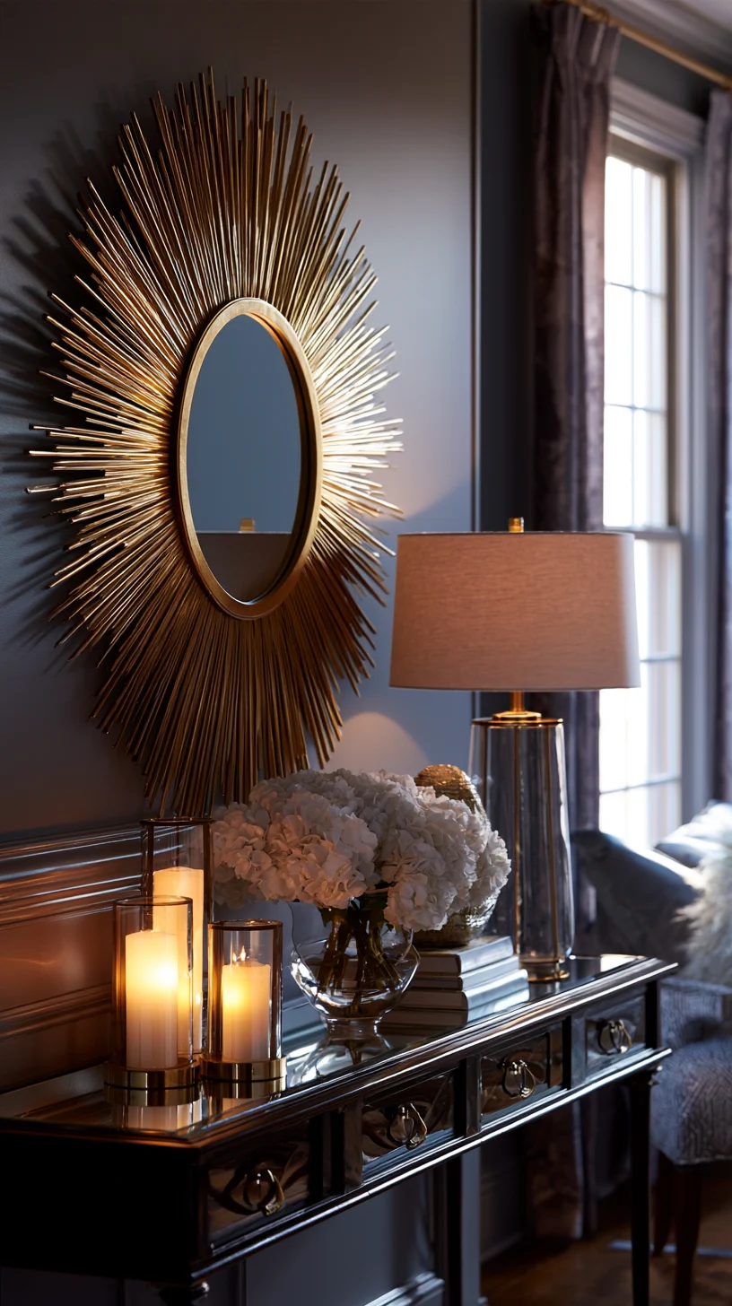 A gold sunburst mirror as a sculptural focal point on a modern living room wall, photo 1 of 4