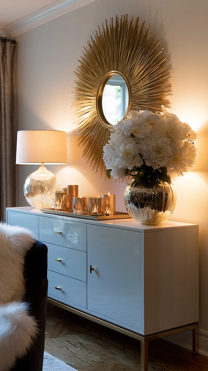A gold sunburst mirror as a sculptural focal point on a modern living room wall, photo 2 of 4