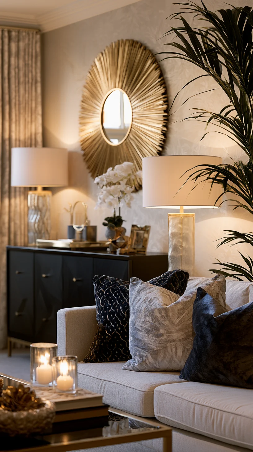 A gold sunburst mirror as a sculptural focal point on a modern living room wall, photo 3 of 4
