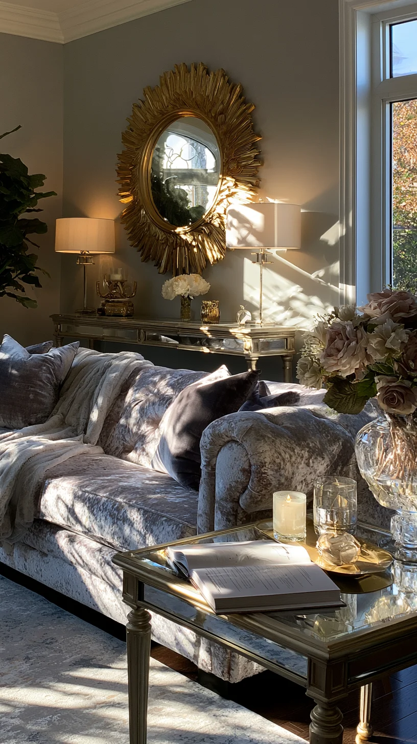 A gold sunburst mirror as a sculptural focal point on a modern living room wall, photo 4 of 4