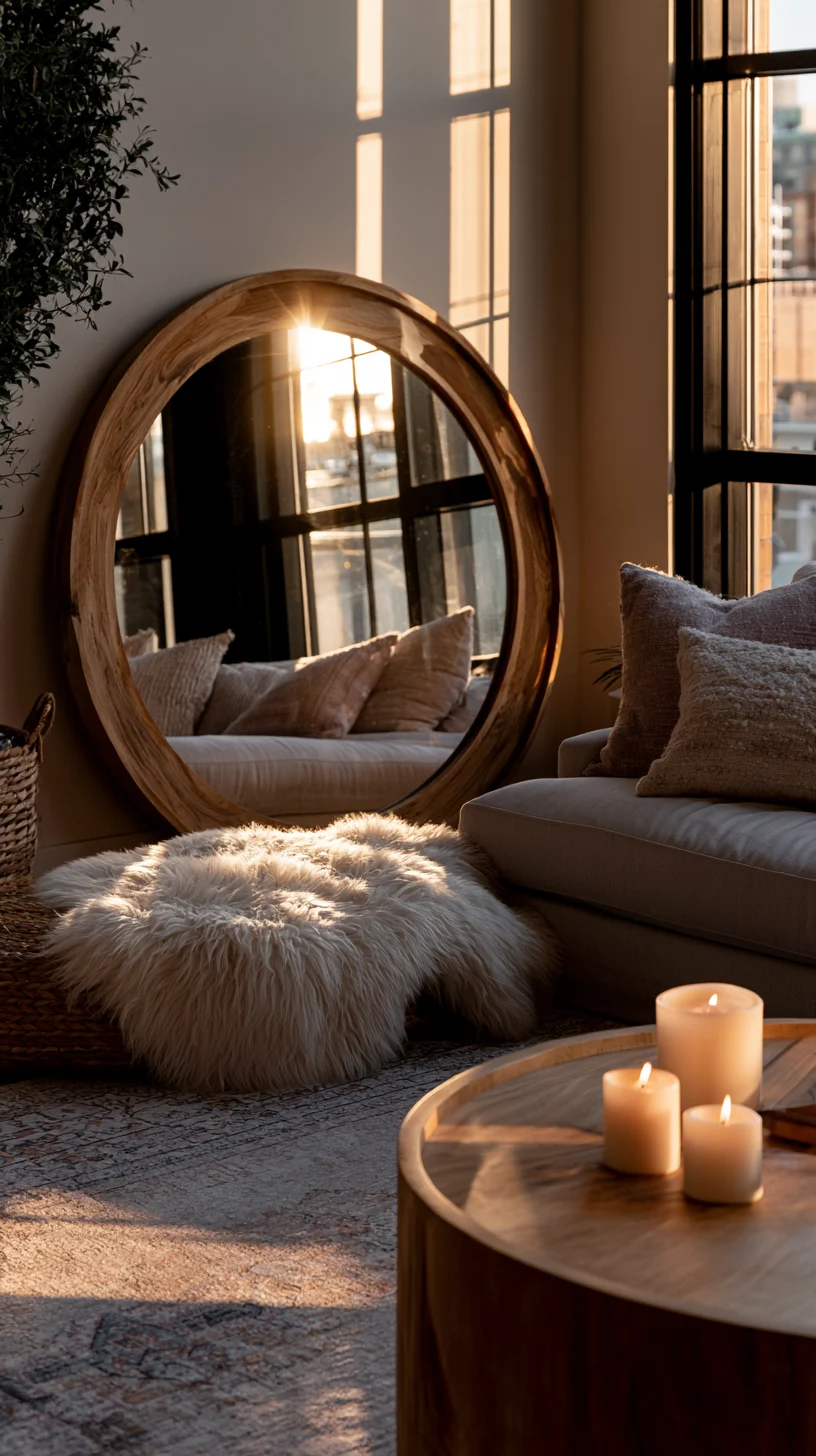 An oversized round wood-framed mirror reflecting light in a warm living room, photo 1 of 4