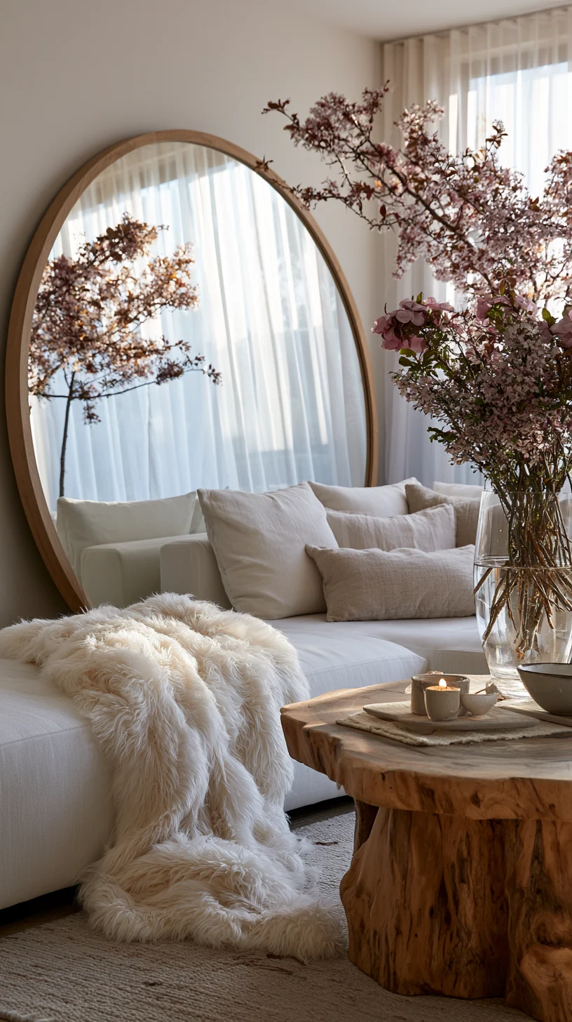 An oversized round wood-framed mirror reflecting light in a warm living room, photo 2 of 4
