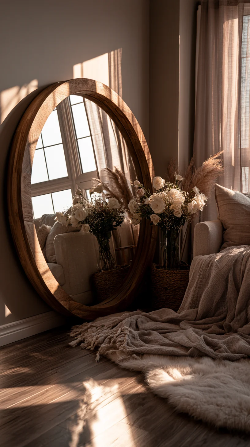 An oversized round wood-framed mirror reflecting light in a warm living room, photo 3 of 4