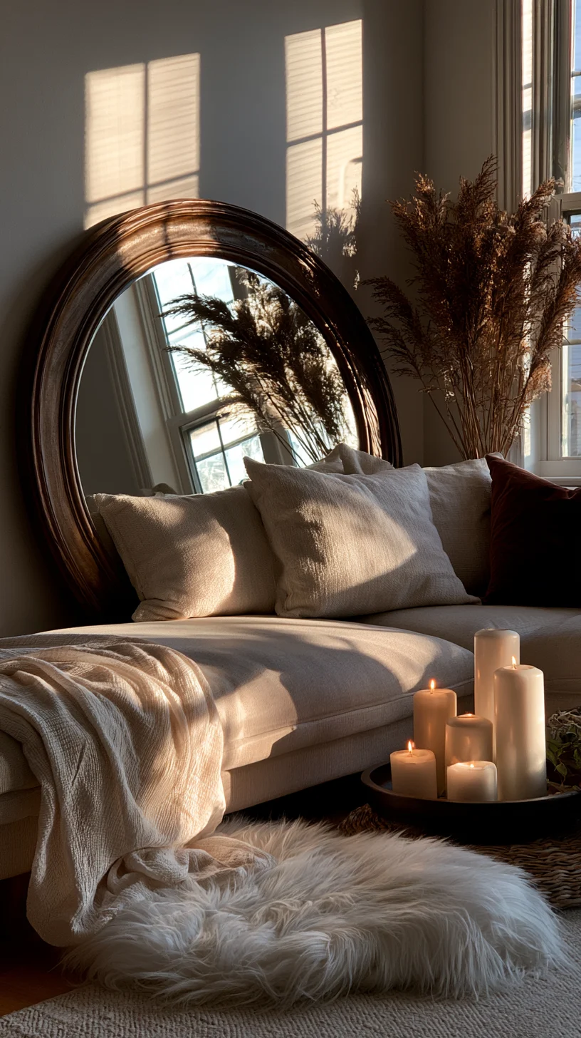 An oversized round wood-framed mirror reflecting light in a warm living room, photo 4 of 4